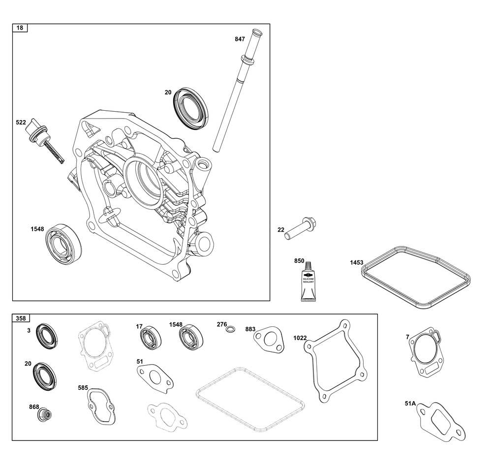 Crankcase Cover/Sump Group Diagram and Parts List for 10V332-0051-F1 100000 - 19Z999 Briggs and Stratton Engine